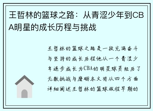 王哲林的篮球之路：从青涩少年到CBA明星的成长历程与挑战